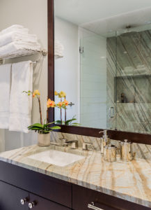Master bathroom, en suite bathrom, marble counter, marble vanity, rain shower, marble shower walls, glass shower, walk in shower, built in shower niche, shower alcove, frameless glass shower