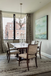 Transitional dining room, city view dining room, contemporary chandelier, transitional chandelier, upholstered dining chairs, contemporary area rug,