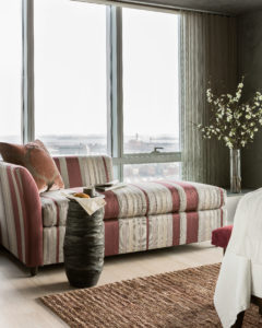 sheer curtains, chaise lounge, stripes, martini table, transitional bedroom, city view, striped upholstery, striped chaise lounge