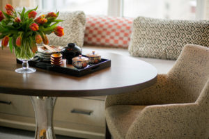 Breakfast nook, built in banquette, transitional dining table, upholstered dining chairs, custom pillows, sheer dining room curtains custom millwork, transitional dining room, small dining area
