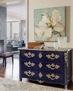 Entry design, transitional foyer, blue credenza, royal blue, gold hardware, ornate, high gloss lacquer chest of drawers,