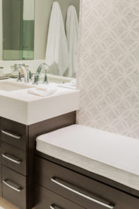 En suite bathroom, master bathroom, basin sink, contemporary bathroom, transitonal bathroom, dressing bench, his and hers sinks, white subway tile, mosaic tile, clean, sleek