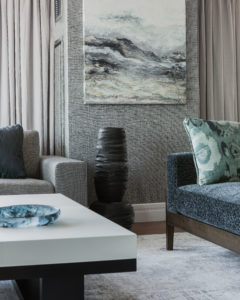 Contemporary living room, extured upholstery, patterned upholstery, darkwood accents, textured wallpaper, transitional living room, custom drapery, monochromatic living room, tonal living room, wave painting