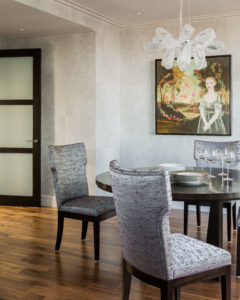 Tranisitonal dining room, contemporary dining room, transitional chandelier, textured wallpaper, irridescent wallpaper, upholstered dining chairs