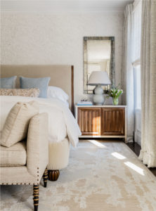 Transitonal bedroom, soothing bedroom, ivory bedroom, upholstered bed, upholstered bed frame, upholstered headboard
