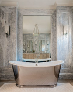 Freestanding tub, soaking tub, metal bathtub, blue stone, blue marble bathroom, Calcite Azul marble bathroom, transitional bathroom, transitional bathroom wall sconces