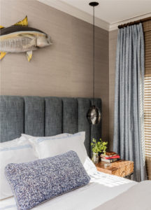 transitional bedroom, grasscloth wallpaper, textured wallpaper, upholstered headboard, mini ceiling pendant