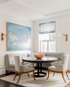 transitional breakfast nook, custom banquette, banquette seating, custom blue café curtain, cloud painting, interior shutters, upholstered dining chairs