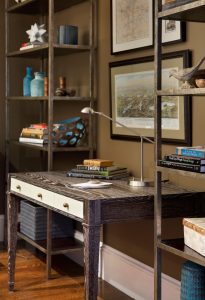 transitional home office, custom built office furniture, minimalist bookshelves, open bookcase, swing arm desk lamp, wall mounted desk
