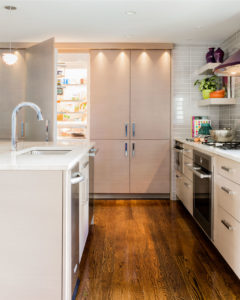 Purple hood, eggplant purple hood, grey subway tile backsplash, contemporary kitchen island, open kitchen shelving, fully integrated refrigerator, wall washers