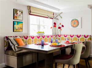 banquette,banquette seating,breakfast nook,cafe curtain,chartreuse,fun dining room,magenta,modern chandelier,orange,statement color