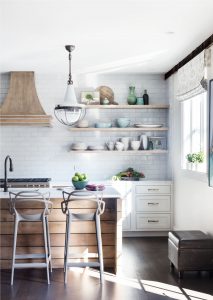 transitional kitchen, floating shelves, modern rustic kitchen,open shelving kitchen,rustic modern kitchen,subway tile backsplash,wood hood,wood island,wood plank flooring,wood planks