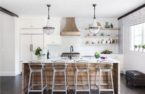 transitional kitchen, floating shelves, modern rustic kitchen,open shelving kitchen,rustic modern kitchen,subway tile backsplash,wood hood,wood island,wood plank flooring,wood planks