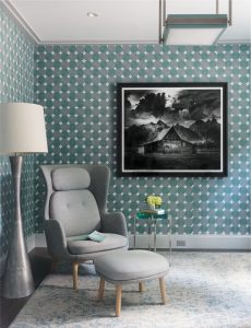Handmade wallpaper, modern wingback chair, black and white photography, oversized artwork, transitional floor lamp, oversized floor lamp,