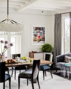 applied moulding,buffet,contemporary dining room,contemporary photography,crown moulding,modern chandelier,sideboard,transitional chandelier,tray ceiling,upholstered dining chair
