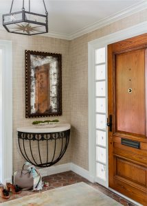 transitional foyer, front entry design, demilune table, neutral grasscloth wallpaper, natural grasscloth wallpaper, front entrance door, transitional glass chandelier