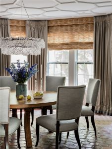 transitional dining room, floor legnth drapery, contemporary dining room chandelier, transitional chandelier, upholstered dining chairs