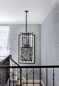 grasscloth wallpaper, blue grasscloth wallpaper, large lantern pendent, interior lanter, transitional stairway design, transitional railing design