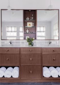 transitional master bathroom, transitional vanity design, custom millwork, his and her sinks, dual mirro vanity, contemporary bathroom pendants