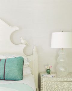 young girl's bedroom design, child's bedroom, bone inlay nightstand, blown glass bubble lamp base, aqua accent pillow, subtle textured wallpaper