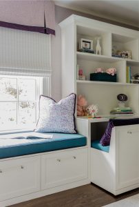 girl's room, purple kid's room, little girl's bedroom, window seat bench, window seat cushion, built in storage, built in desk, custom millwork