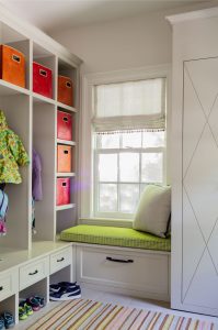 transitional mudroom, coloful mudroom, built in window bench, mudroom storage, mudroom cubbies, colorful storage bins, built in mudroom storage