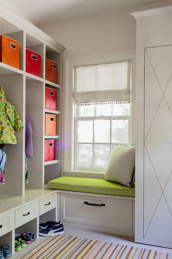transitional mudroom, coloful mudroom, built in window bench, mudroom storage, mudroom cubbies, colorful storage bins, built in mudroom storage