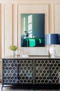 contemporary buffet, contemporary sideboard, transitional buffet, transitional sideboard, applied wall moulding, contemporary art, glass door sideboard
