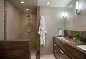 Transitional master bathroom, contemporary bathroom, walk in shower, rain shower, his and her sinks, horizontal stone veining