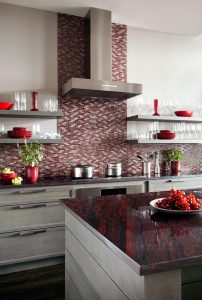 Contemporary kitchen design,contemporary kitchen, open kitchen shelving,floating shelves,red granite countertop,kitchen backsplash,red backsplash tile,stainless range hood