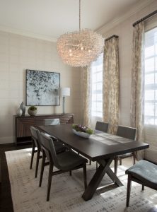 buffets and sideboards,contemporary chandelier,Dining Rooms,geometric wallpaper,upholstered dining chair