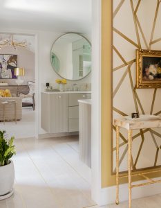 Master Suite, Floating Vanity, Round mirror, Limestone tile