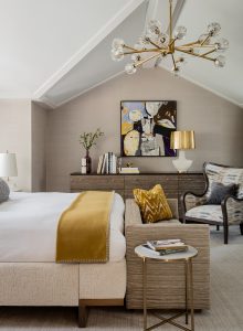 Master suite, Master Bedroom, Gold ceiling light, sofa at end of bed, long dresser, contemporary dresser, contemporary bedroom