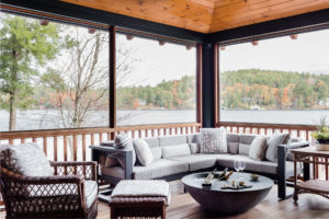 Lakehouse, modern rustic lakehouse, screened porch, sunroom, three season room, wicker furniture, wood paneled ceiling, transitional patio furniture, contemporary outdoor sofa, indoor outdoor furniture