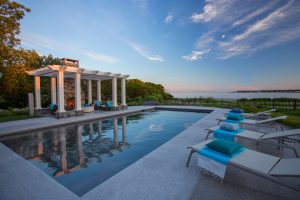 in ground pool, contemporary pool design, transitional outdoor patio furniture, outdoor chaise lounge, transitional gazebo, ocean view pool