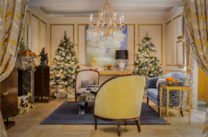 holiday decorations,living room,marble fireplace,modern,transitional,transitional Christmas tree,gold accents,ornate,velvet sofa,gold moulding,antiques, Art,Christmas Trees,holiday,living room,transitional,velvet settee