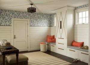 Transitional mudroom, subtle nautical theme mudroom, rope print wallpaper, nautical wallpaper, custom storage cabinet, custom storage bench, horizontal boards, shiplap wall
