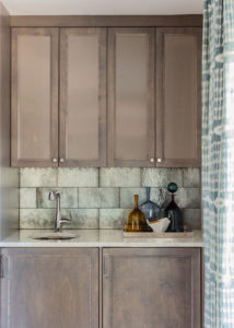 transitional wet bar design, home wet bar, small scale sink, bar sink, glass backsplash tile, gray stained cabinets
