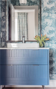 abstract wallpaper, textured wallpaper, contemporary wallpaper, blue bathroom, blue vanity, blue wallpaper, painted vanity, vessel sink