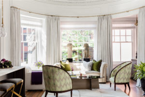 contemporary living room, transitional living room, applied wall moulding, reupholsterede antique chairs, green chevron, tall ceilings, Boston brownstone