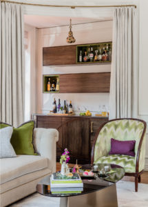 contemporary living room, transitional living room, applied wall moulding, reupholsterede antique chairs, green chevron, tall ceilings, Boston brownstone