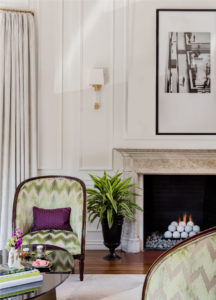 contemporary living room, transitional living room, applied wall moulding, reupholsterede antique chairs, green chevron, tall ceilings, Boston brownstone