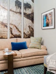 transitional den, contemporary art, contemporary triptych, contemporary screen, C table, neutral sofa