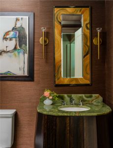 grasscloth wallpaper,green marble,green stone,modern art,small bathroom,textured wallpaper,unique vanity