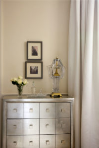 Transitional bedroom, silver chest, silver leaf chest of drawers, antique crystal lamp