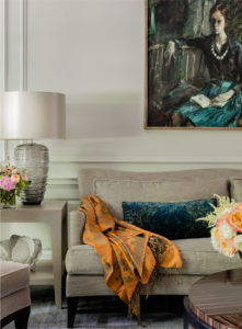 Transitional living room, applied wall moulding, original wall moulding, updated Brownstone, historical renovation, blown glass table lamp