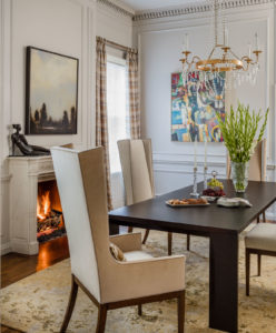 contemporary art,applied moulding,crown molding,high back dining chair,marble fireplace surround,transitional dining room,wall moulding,wood burning fireplace, Boston Brownstone, crystal chandelier