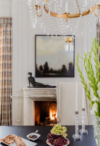 contemporary art,applied moulding,crown molding,high back dining chair,marble fireplace surround,transitional dining room,wall moulding,wood burning fireplace, Boston Brownstone, crystal chandelier