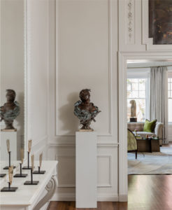 applied moulding,crown molding, bronze bust, bronze sculpture,marble fireplace surround,transitional dining room,wall moulding,wood burning fireplace, Boston Brownstone