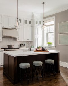 counter stools, modern pendants, glass pendants, kitchen, kitchen window, wood floor, gas stove, stove hood, tile backsplash, kitchen tile, stone counters, open concept kitchen